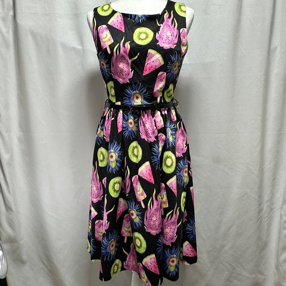 Lindy Bop Annie Exotic Popsicle Fruit Print Dress Black Womens US 6 Retro Pinup - Picture 2 of 12
